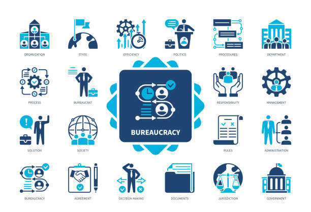 Bureaucracy solid icon set Bureaucracy icon set. Organization, Procedures, Department, Jurisdiction, Government, Administration, Society, Management. Duotone color solid icons bureaucracy stock illustrations