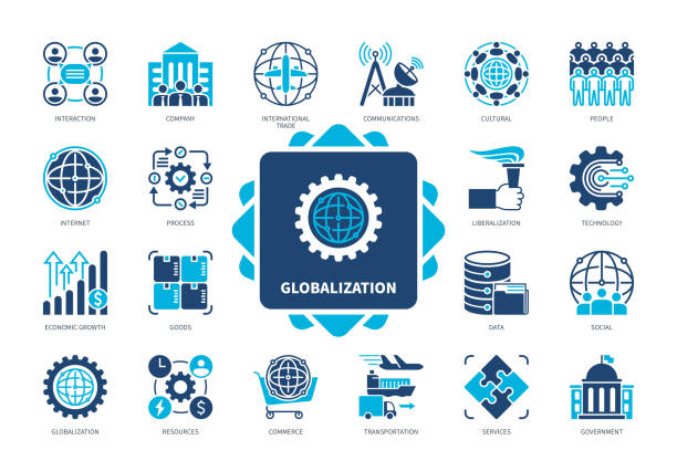 bildbanksillustrationer, clip art samt tecknat material och ikoner med globalization solid icon set - internationellt företagande