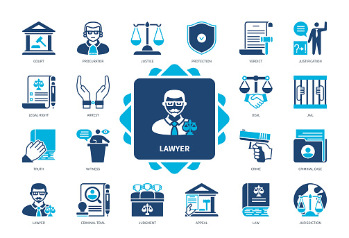 Lawyer icon set. Procurator, Verdict, Jurisdiction, Appeal, Legal Rights, Criminal Case, Justification, Court. Duotone color solid icons