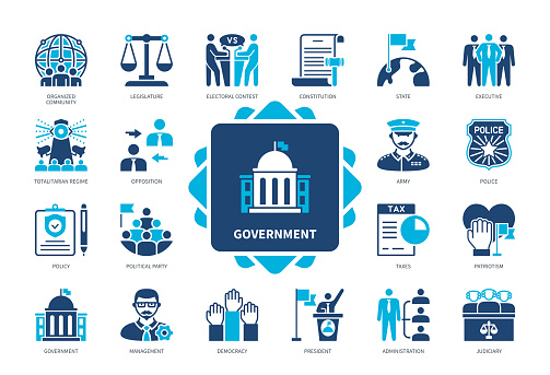 Government icon set. State, Constitution, President, Political Party, Taxes, Administration, Legislature, Community. Duotone color solid icons