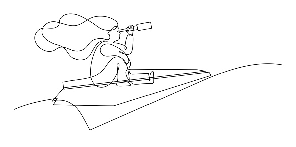 Woman flying on the paper plane and looking into telescope. Girl looking forward. Future vision. Continuous line drawing.