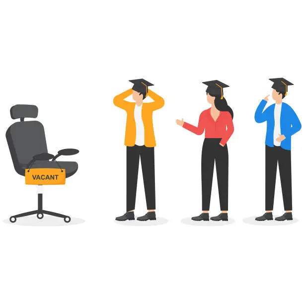 Vector illustration of Fresh graduate recruitment for vacancy, new position, company staff, fierce competition in job market among new university graduates concept. New graduates walked in line to vacant chair.