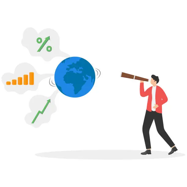 Vector illustration of Growth business possibility, international business expansion or seeking opportunity for oversea investment concept. Visionary businessman searching into earth for future business through telescope.