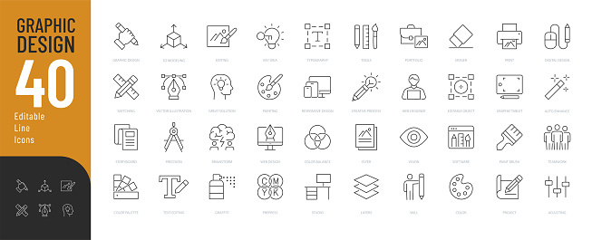 Vector illustration in modern thin line style of computer graphics related icons: tools, creativity, development stages, and more. Pictograms and infographics for mobile apps