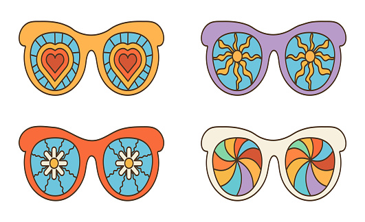Set groovy, psychedelic sunglasses in 70s retro hippie style. Vector illustration