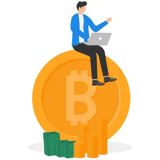 Vector illustration of Successful cryptocurrency investment, professional bitcoin trader with correct speculation, gain lots of money from alternative financial asset concepts. Businessman making profit from bitcoin trading
