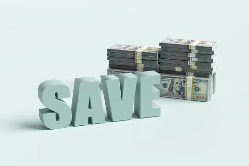 Financial savings concept. The word save with dollar bills. 3D render.
