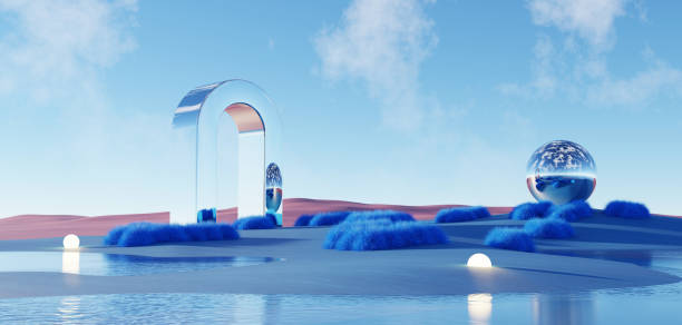 istock 3d Render, Abstract Surreal pastel landscape background with architecture and geometric, beautiful gradient sky scene, lake with clam water, minimal concept. 2129339403