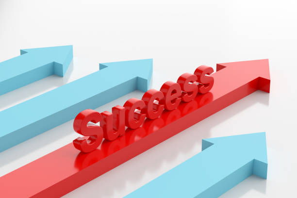 Rising or increasing success. The way or path to success. Directional arrows on white with the word success. 3D render.