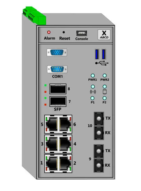 Vector illustration of Security server for DIN rail mounting. Contains RJ-45 ports, 2 fiber optic SC ports, 3 SFP, 2 USB ports, COM and VGA ports. At the top are power and RS-485 connectors.