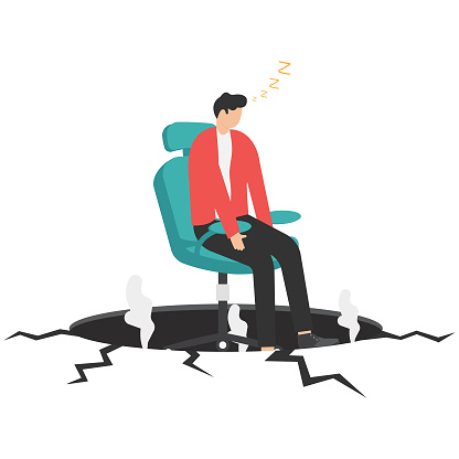 Work inefficiency, laziness employee in organization, procrastination, postpone tasks to do later, taking a nap during working hours concept, Businessman sleeping on office chair falling into hole.