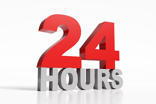 24 hours sign. Open 24 hours, delivery, service or assistance concepts. 3D rendering.