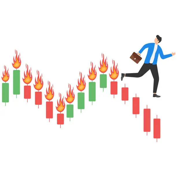 Vector illustration of Stock market crash, crypto price fall, loss money from financial crisis or wrong speculation of trading concept. Businessman trader running away from downtrend candlestick graph which is on fire.