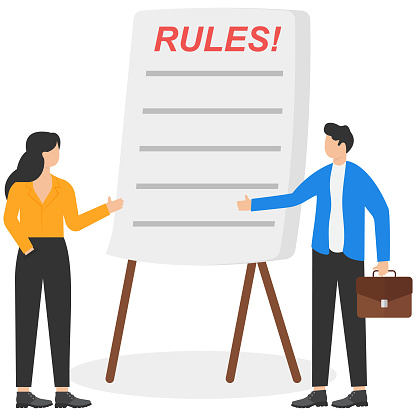 Remind rules and regulations for employees to follow, company policy, discipline procedure, controlling people in organization concept. HR officer telling rules and regulations for new employees.