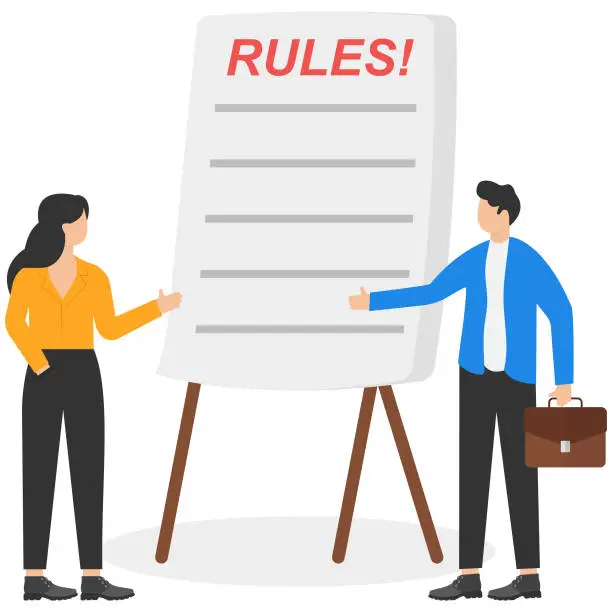 Vector illustration of Remind rules and regulations for employees to follow, company policy, discipline procedure, controlling people in organization concept. HR officer telling rules and regulations for new employees.