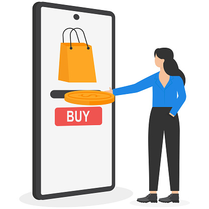 Using bitcoin to buy goods, alternative convenient way for purchasing product or service with cryptocurrency concept. Woman inserting bitcoin token into money slot on mobile screen for shopping.
