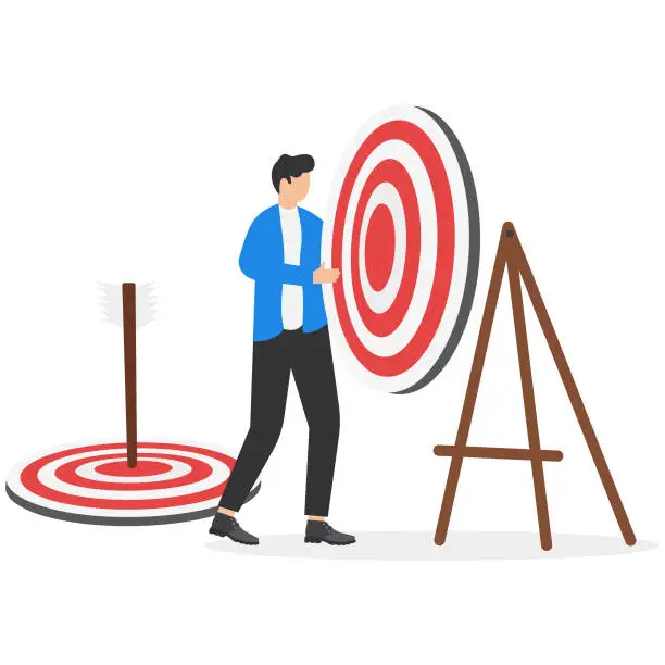 Vector illustration of Set a new business goal or determine a new purpose to be successful, next target in career development or achievement concept. Ambitious businessman installing latest archery target.