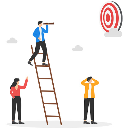 Seeing a business goal or opportunity first makes more advantage or investment chance concept. Visionary business investors climb up ladder until discover target while others still not find.
