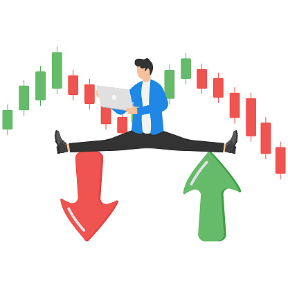 Making profit from both rising and falling markets, skillful analysis of market trends, professional investment concept, Smart businessman making money from trading on both up and down arrows.