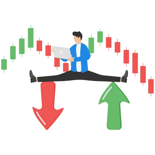 Vector illustration of Making profit from both rising and falling markets, skillful analysis of market trends, professional investment concept, Smart businessman making money from trading on both up and down arrows.