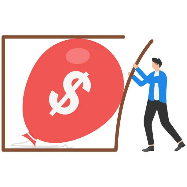 Vector illustration of Control inflation to not exceed predetermined level, policy to keep inflation within the framework of optimal economic stability concept, Businessman trying to keep inflation balloon within boundary box.