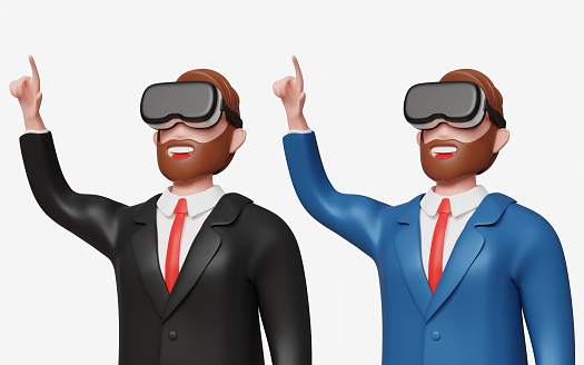 3D young bearded businessman wearing virtual reality glasses touching augmented reality screen. Digital evolution, virtual conference, innovate, VR technology, business, finance concept
