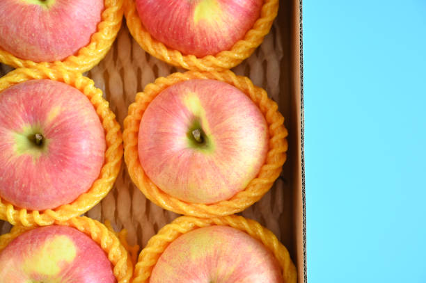 beautiful pink apple in the box on blue background