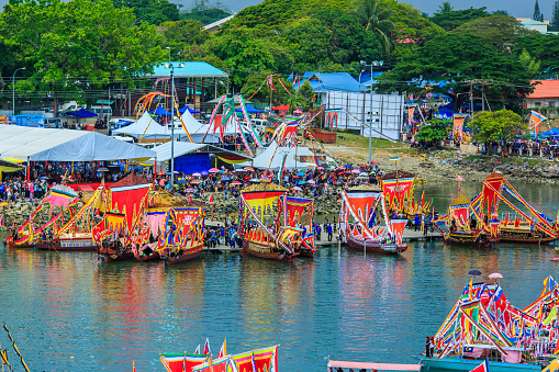 Semporna Sabah, Malaysia - Apr 22, 2017: Traditional Bajau's boat called Lepa-Lepa decorated with colorfull Sambulayang flag during Regatta Lepa in Semporna.