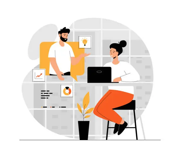Vector illustration of Virtual meeting, online teamwork. Woman and man having video chat, discuss work issues. Illustration with people scene in flat design for website and mobile development.