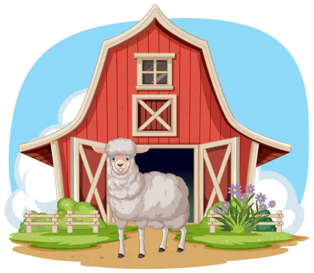 Vector illustration of A cheerful sheep standing in front of a barn.