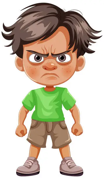 Vector illustration of Cartoon of a young boy frowning with arms akimbo