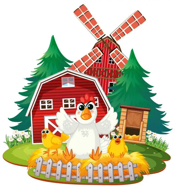 Vector illustration of A cheerful hen with chicks outside a red barn.