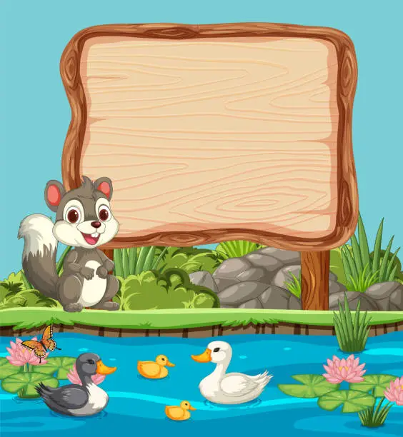 Vector illustration of Squirrel, ducks, and signboard by a tranquil pond