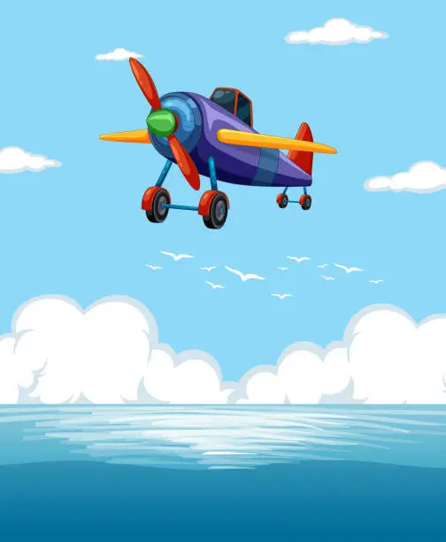Vector illustration of A vibrant airplane flying above the clouds