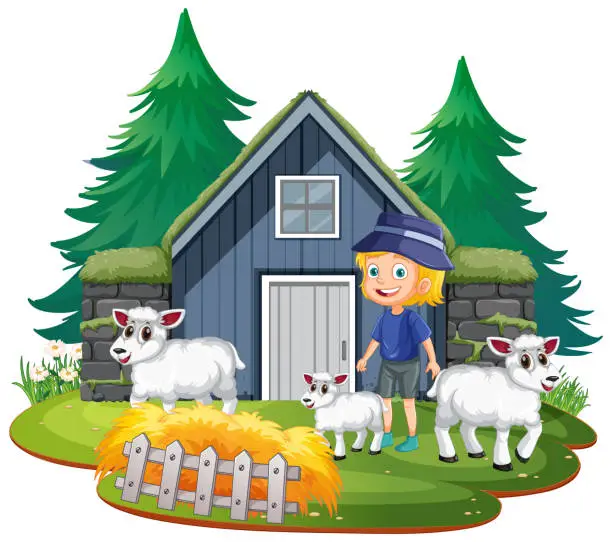 Vector illustration of Smiling boy with sheep outside a rural house