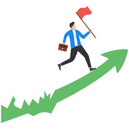 Overcoming many business obstacles until reaching success, entrepreneurship concept. Experienced businessman holding victory flag on smooth rising graph after passing through jagged interval.