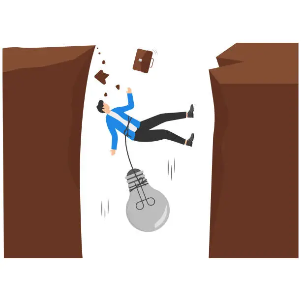 Vector illustration of Business failure, wrong idea causing a company financial crisis or bankruptcy, undeveloped idea or mistake thought in working concept. Business falling down to the bottom of the valley with an old light bulb idea.