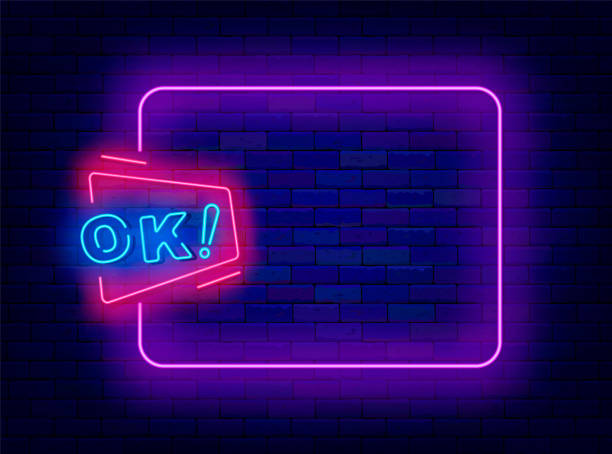 istock Approval neon simple poster. Ok text in speech bubble and empty purple border. Online message. Vector illustration 2129399300