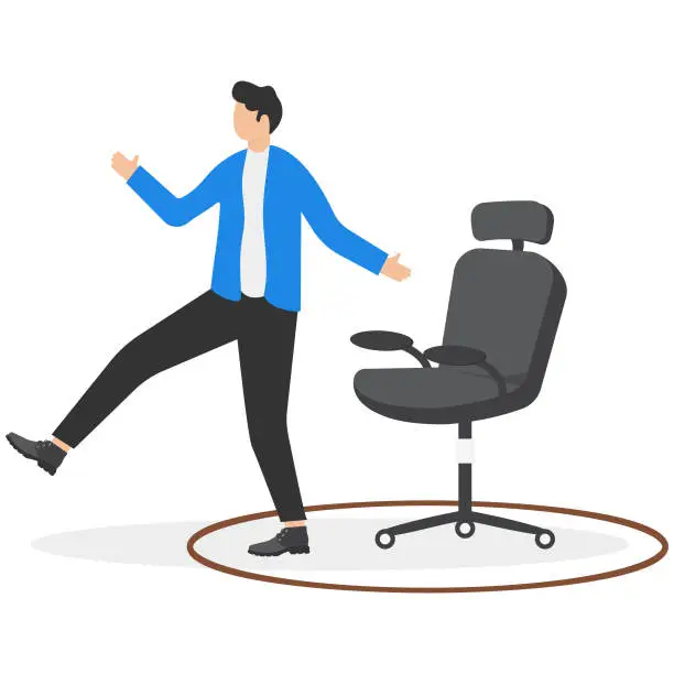 Vector illustration of Get out of comfort zone, change career path, resign present job to find new job according to decision or call of heart concept. Businessman employee stepping out of circle around office chair.