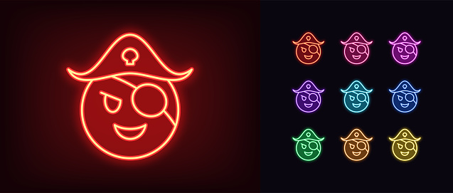 Outline neon pirate emoji icon set. Glowing neon corsair emoticon with hat and patch on eye. Cute pirate face with laugh, funny corsair emoji and captain with smile, adventure and piracy. Vector icons