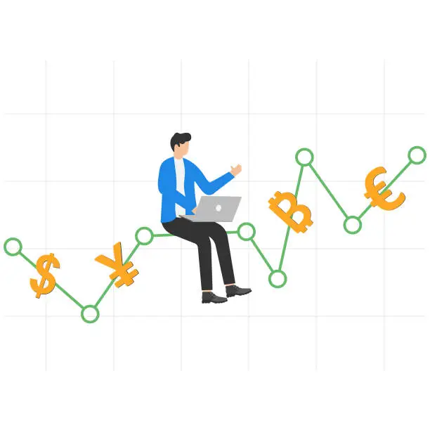Vector illustration of Foreign exchange market trading, forex market investment, speculation on exchange rate fluctuation, Businessman trading on graph with currency symbols.