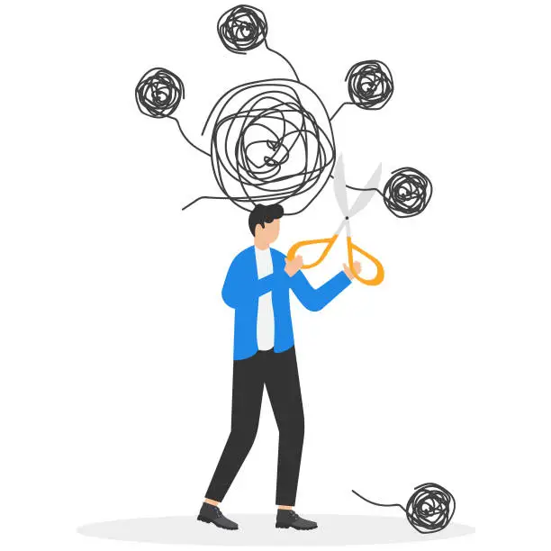 Vector illustration of Problem prioritization, focusing on core problem, cutting out unimportant matters to relieve stress concept, Businessman cutting small messy lines out of the biggest one above his head.