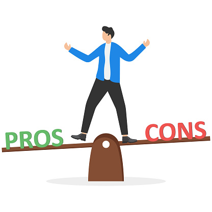 Pros and cons comparison, considering advantage and disadvantage for right decision, thinking about best option concept, Businessman weighing up pros and cons on seesaw.