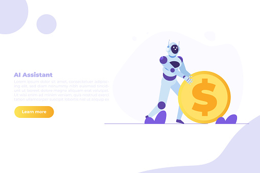 Robot making money for human business. Working with AI concept. Vector illustration. Can use for, landing page, template, web, homepage, poster, banner.