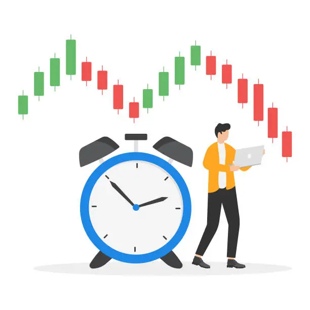 Vector illustration of Full time trader, living by trading only financial instruments, managing risk and dealing with market fluctuation concept, Businessman trading on clock with candlestick graph background.