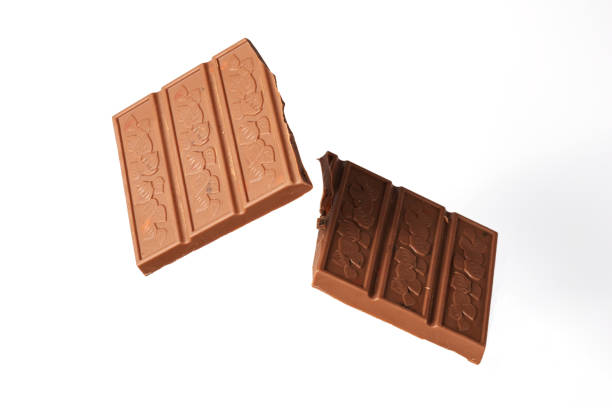 A visually appealing composition featuring stacked milk and dark chocolate bars with broken edges against a clean white background. The image emphasizes the rich texture and smooth surface of high-quality chocolate, making it perfect for branding, packaging, advertising, and editorial projects related to fine confectionery, luxury sweets, and gourmet desserts.