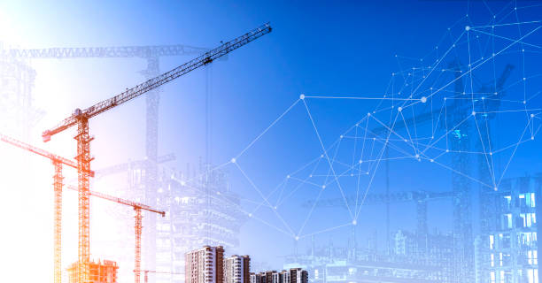 istock Construction technology banner background. Construction site with cranes, fittings and concrete. 2129446011