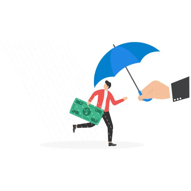 Vector illustration of Policy response to help citizens during recession, fiscal and money stimulus, business help concept, Businessman with banknote running away from rain to umbrella which is spread by giant hand.