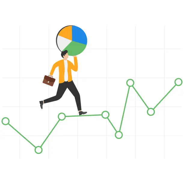Vector illustration of Risk management, asset allocation and financial strategy against investment volatility or fluctuation, portfolio protection concept, Businessman carrying pie chart to walk along investment graph.