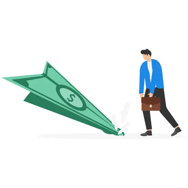 Vector illustration of Loss of money due to market downturn, poor decision making, lack of diversification, or unforseen event, failed business concept, Sad businessman with paper plane of banknote accident.